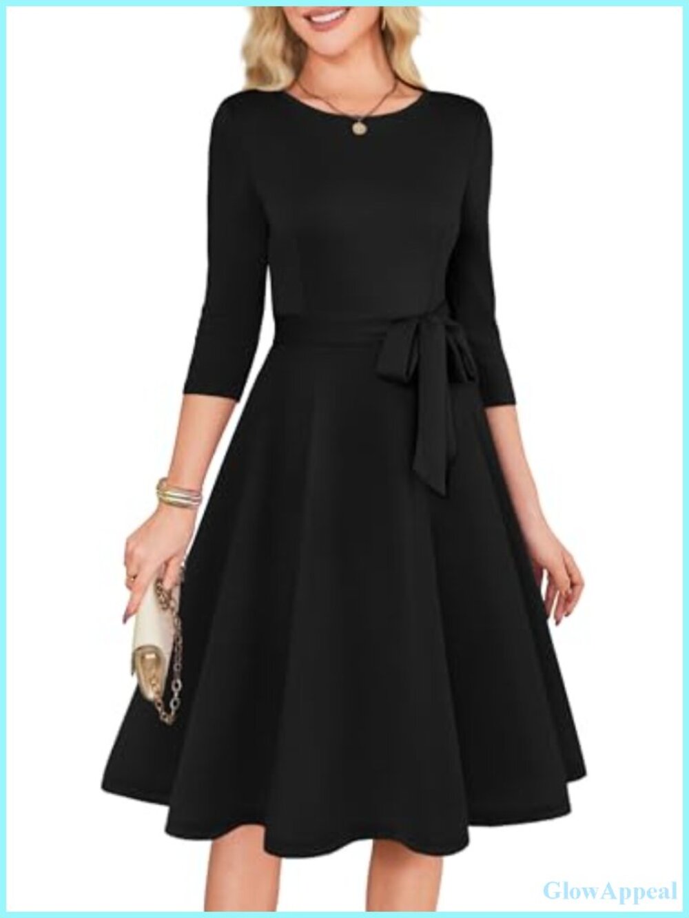 RUMIA Womens A-Line Cocktail Dress 3/4 Sleeve with Belt Formal Work Wedding
